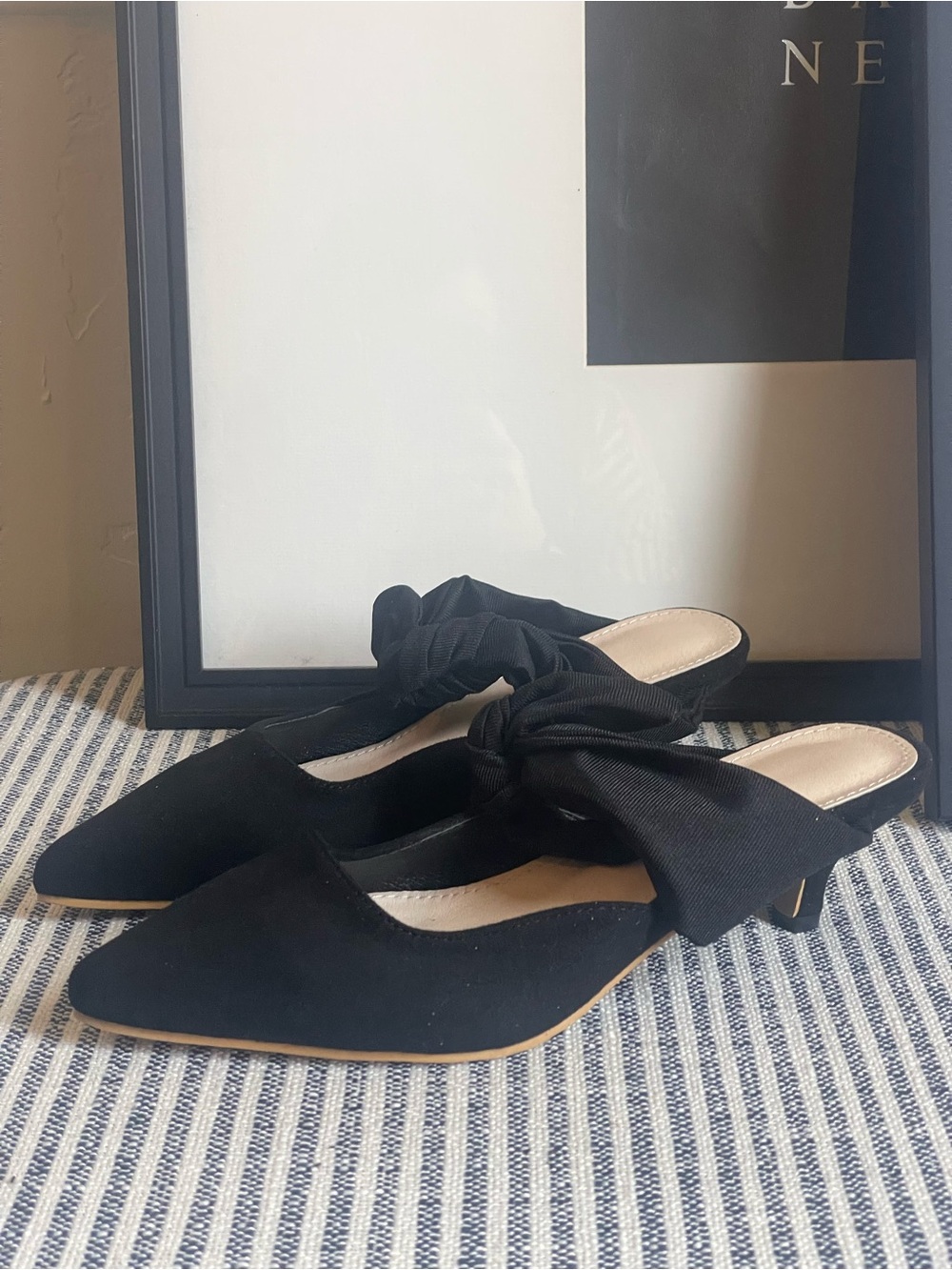 Black Pointed Toe Mule with Kitten Heels Black Bow Accent